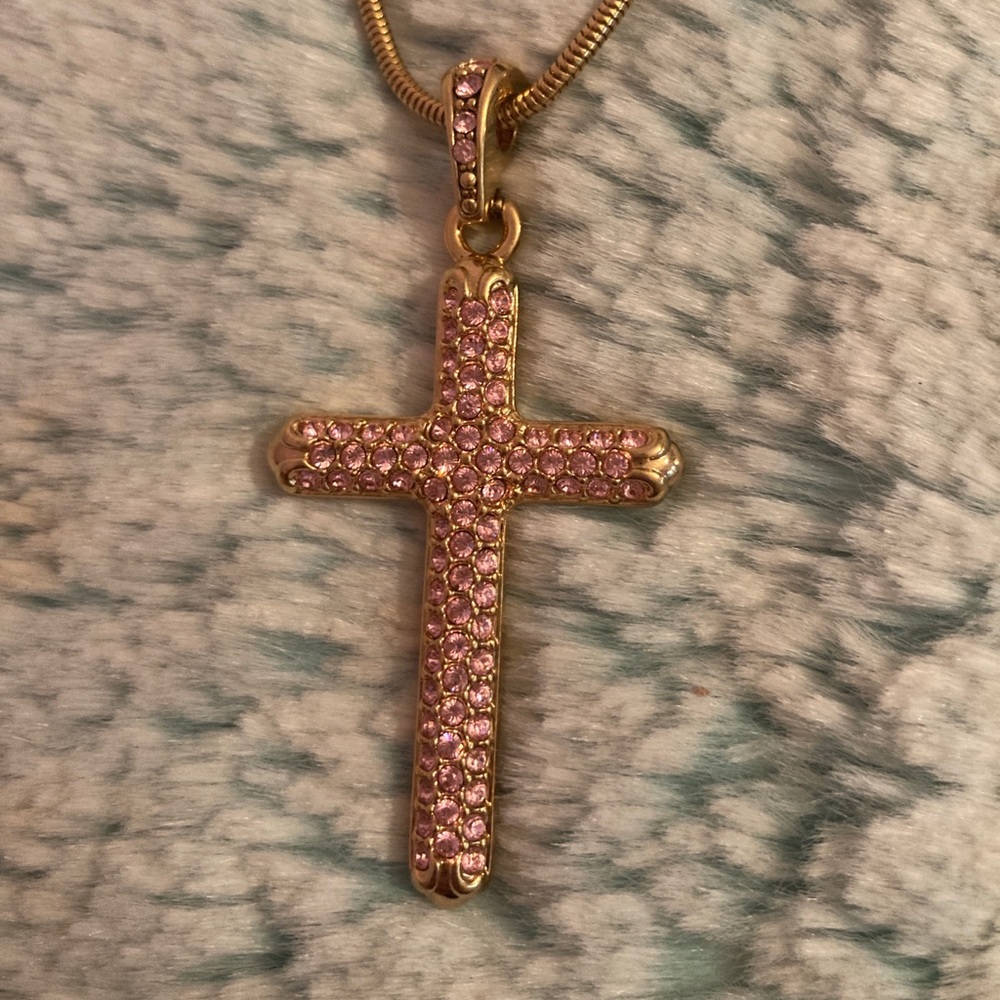Swarovski Pink Crystal Cross Gold Tone Necklace